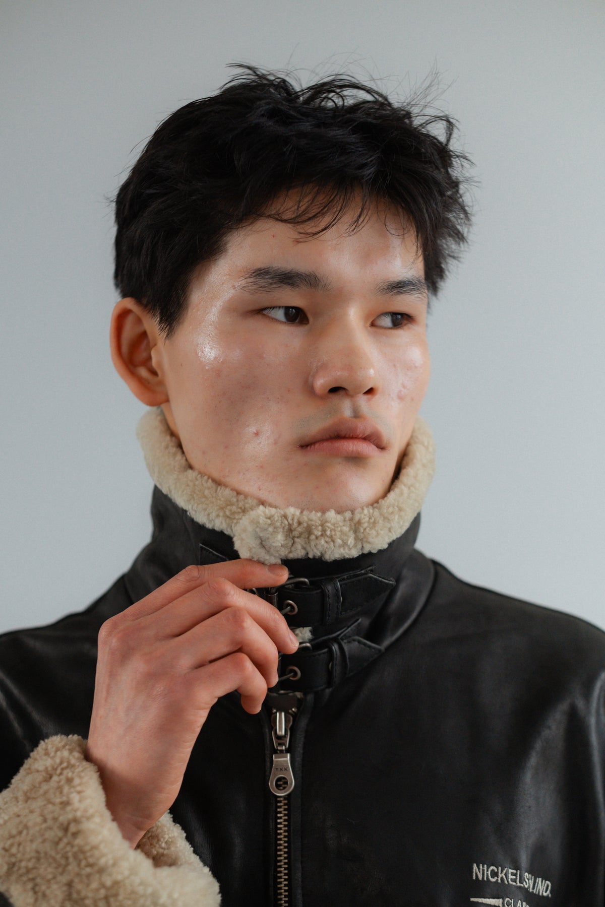 Black Genuine Leather Heavy Jacket with Shearling Trim