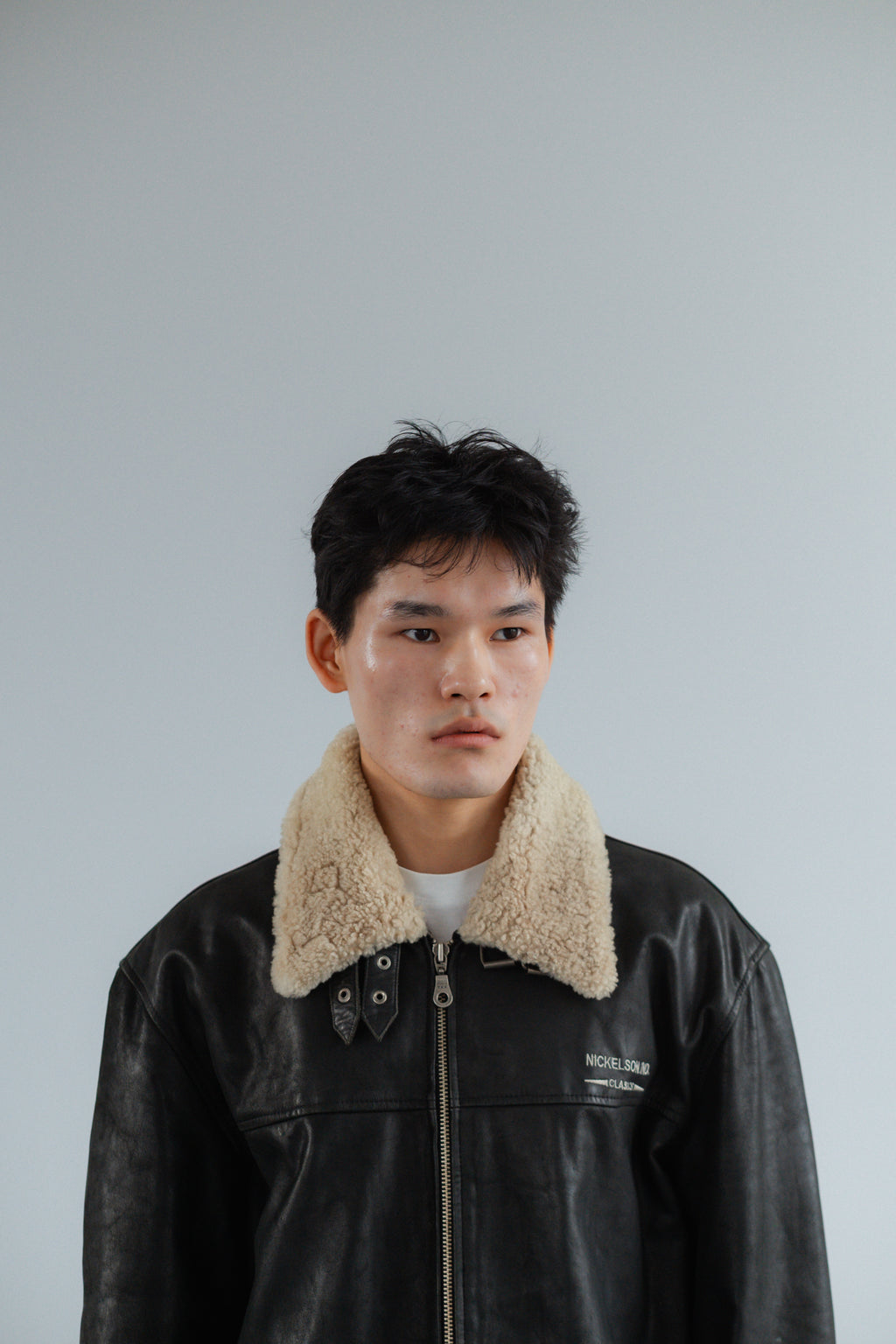 Black Genuine Leather Heavy Jacket with Shearling Trim
