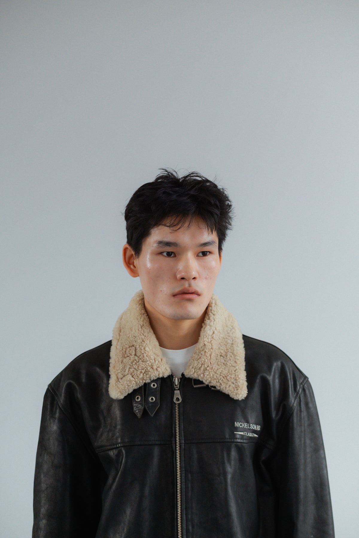 Black Genuine Leather Heavy Jacket with Shearling Trim