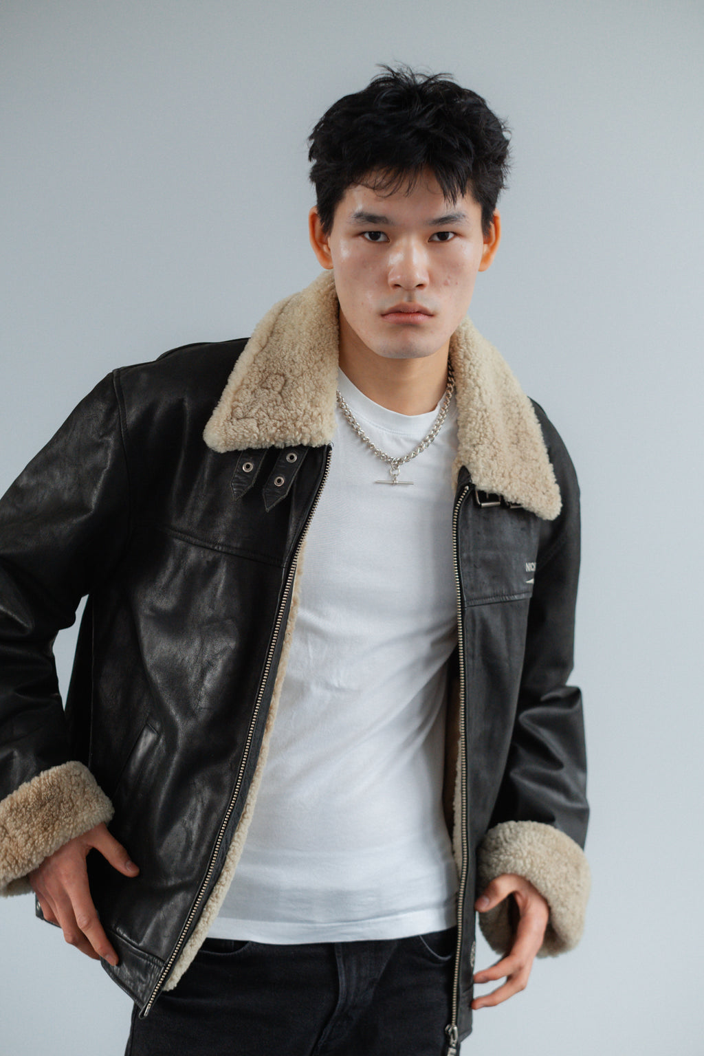 Black Genuine Leather Heavy Jacket with Shearling Trim