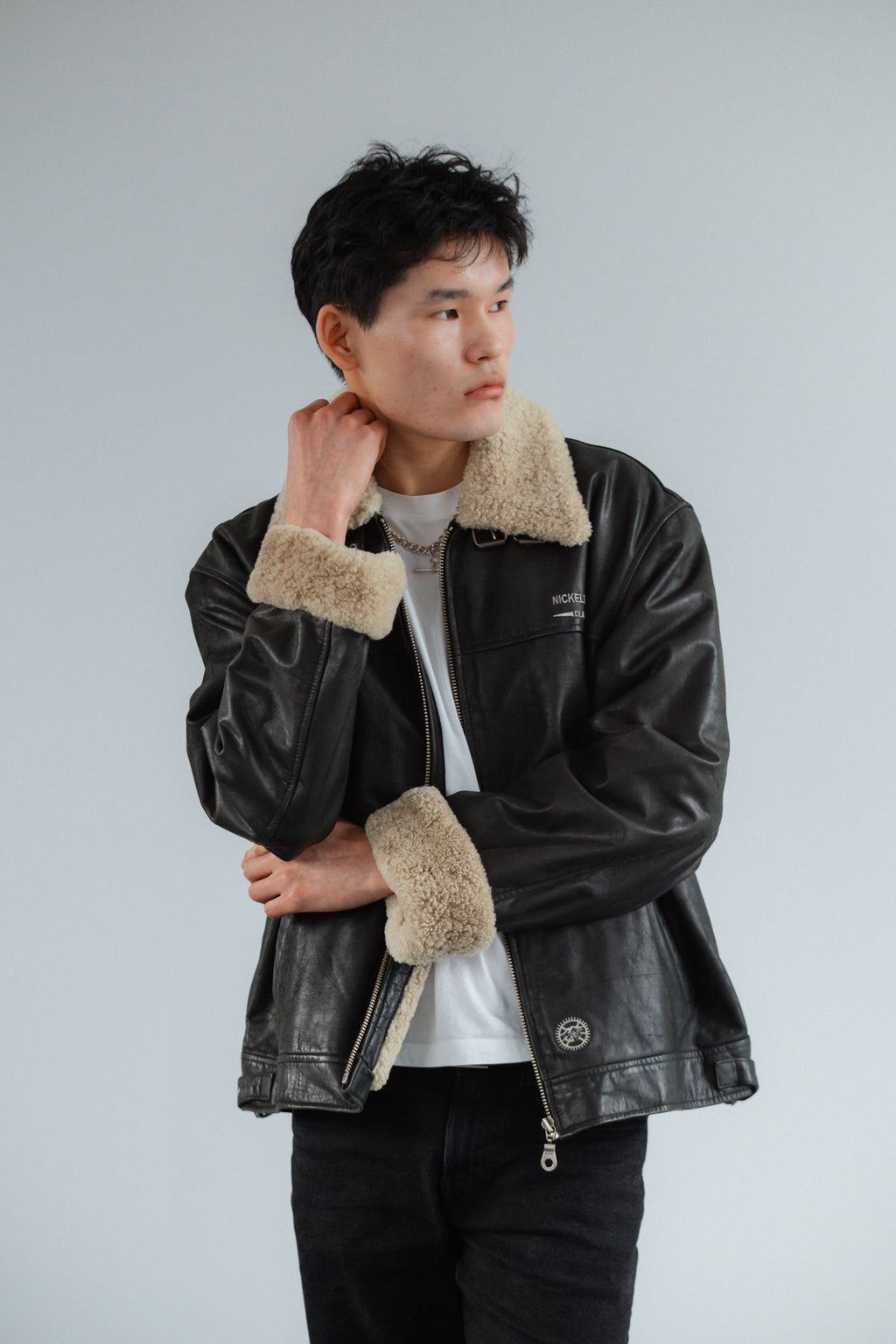 Black Genuine Leather Heavy Jacket with Shearling Trim