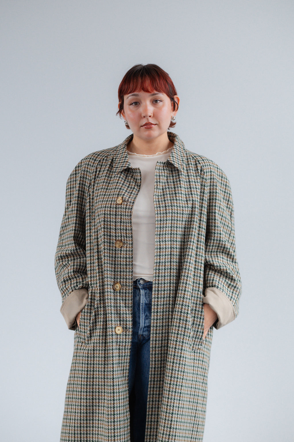 Reversible Houndstooth Trench Coat in Beige and Green