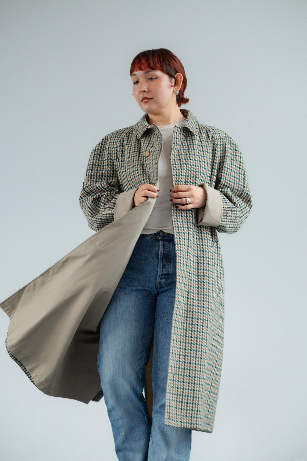 Reversible Houndstooth Trench Coat in Beige and Green