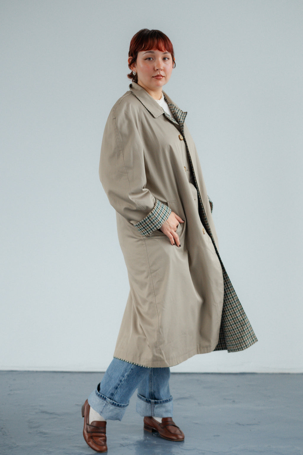 Reversible Houndstooth Trench Coat in Beige and Green