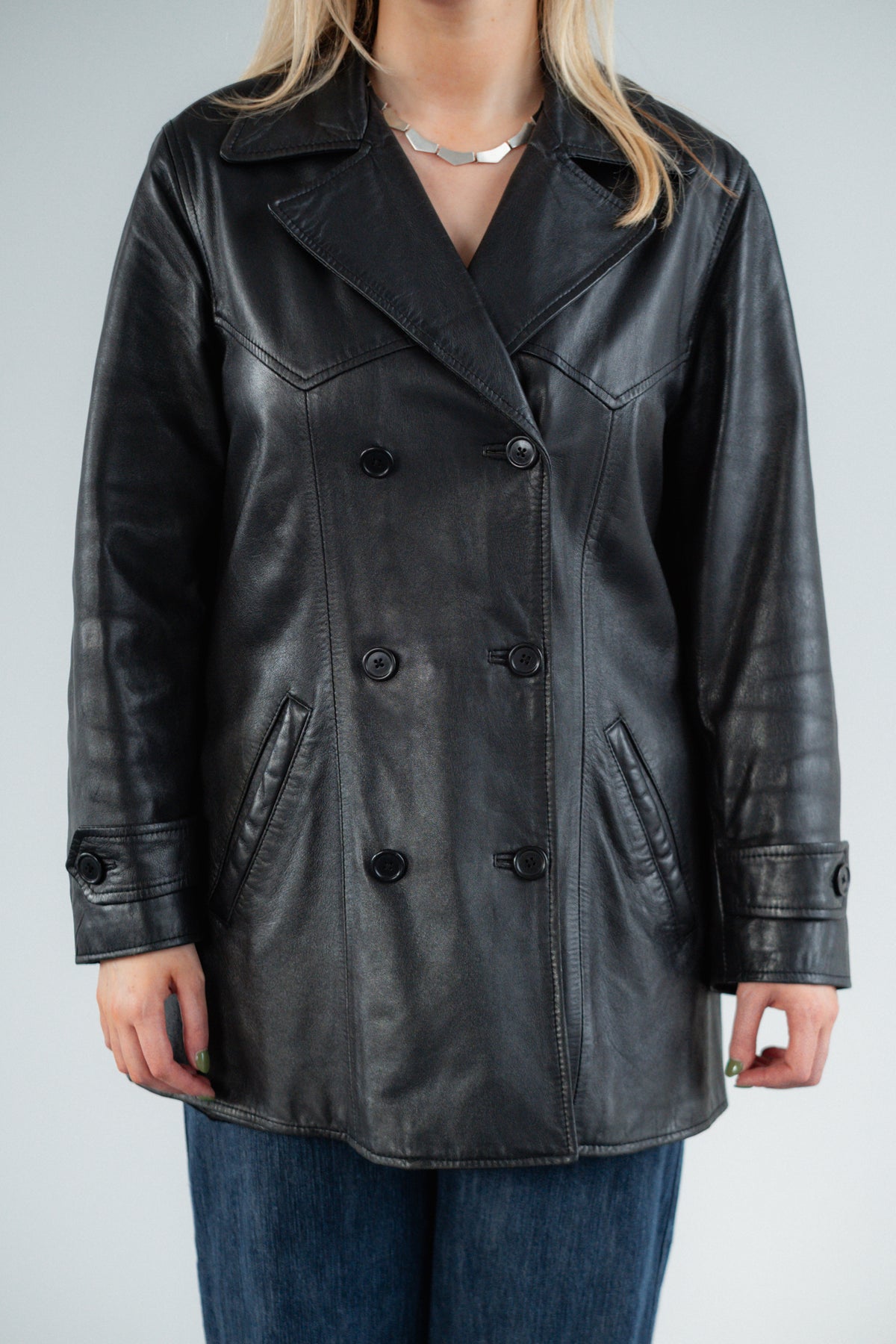 Black Genuine Leather Double-Breasted Jacket