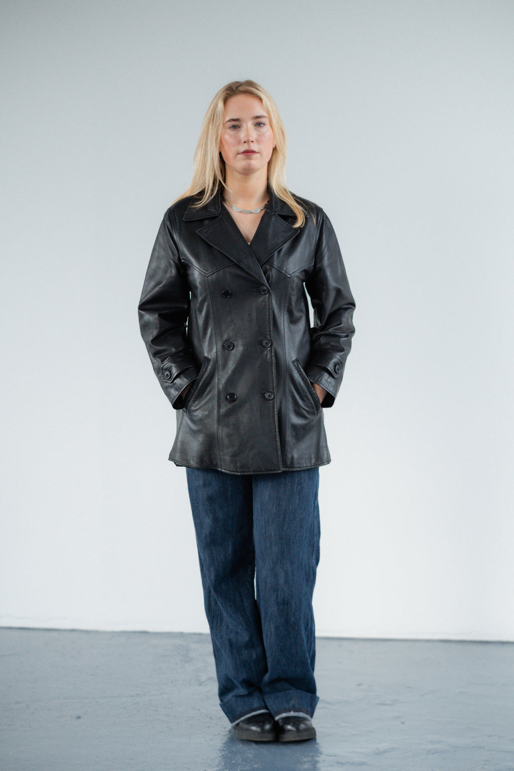 Black Genuine Leather Double-Breasted Jacket