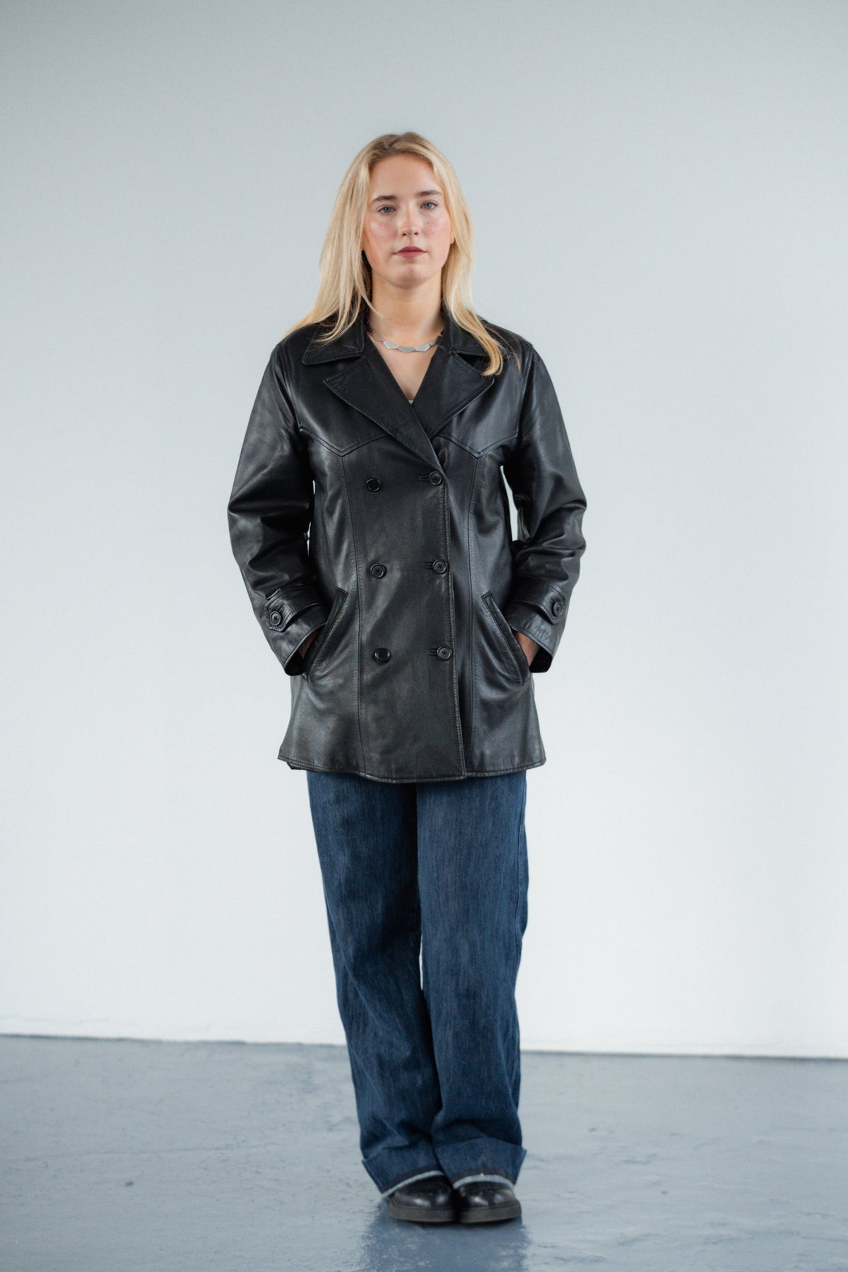 Black Genuine Leather Double-Breasted Jacket