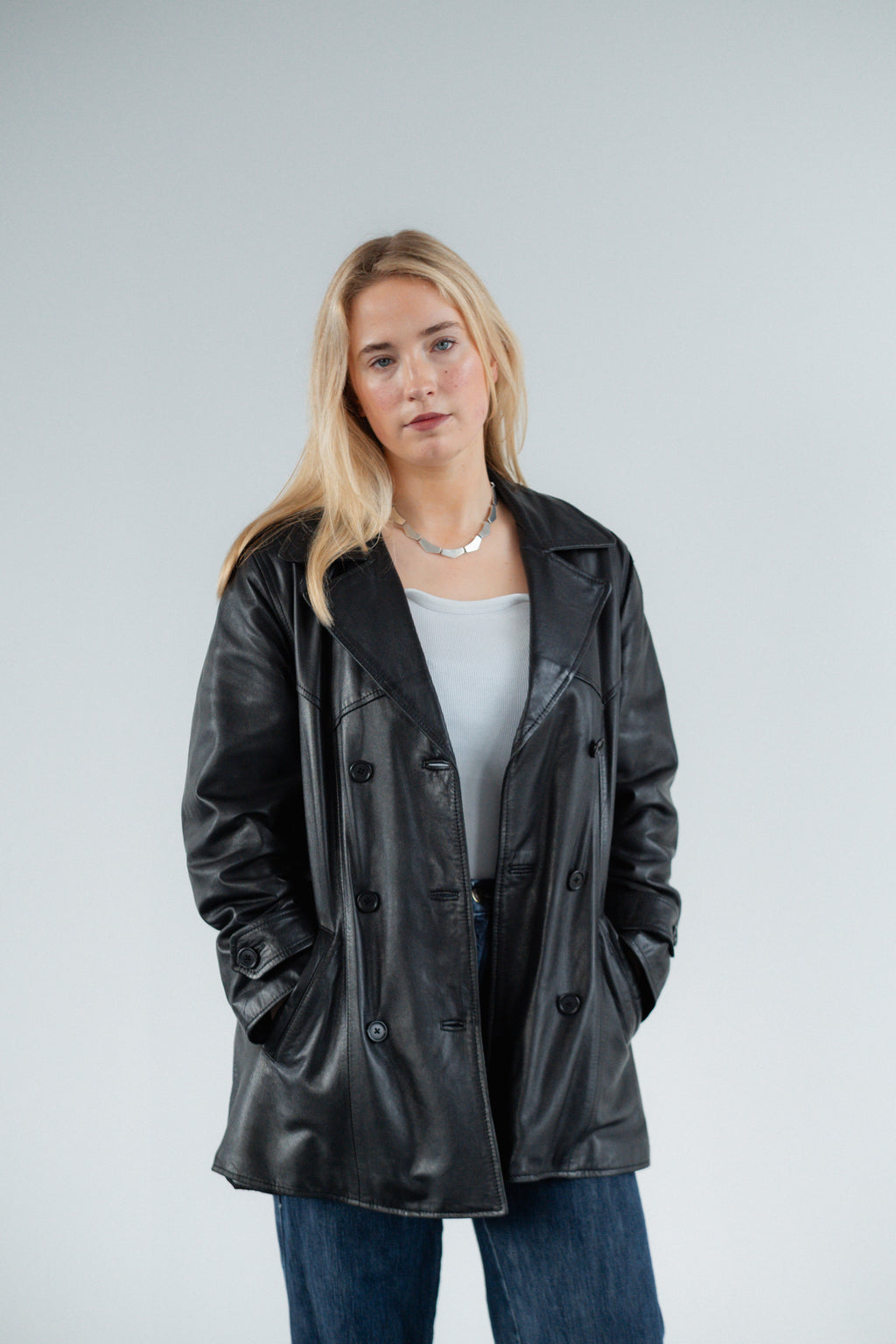 Black Genuine Leather Double-Breasted Jacket