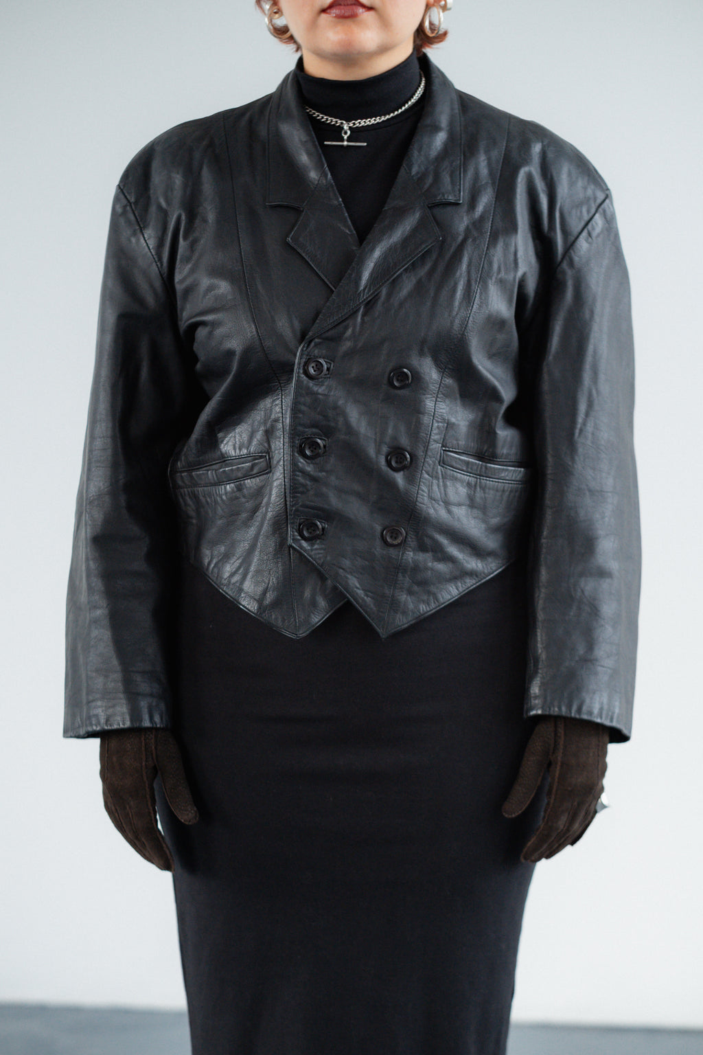Black Genuine Leather Double-Breasted Jacket