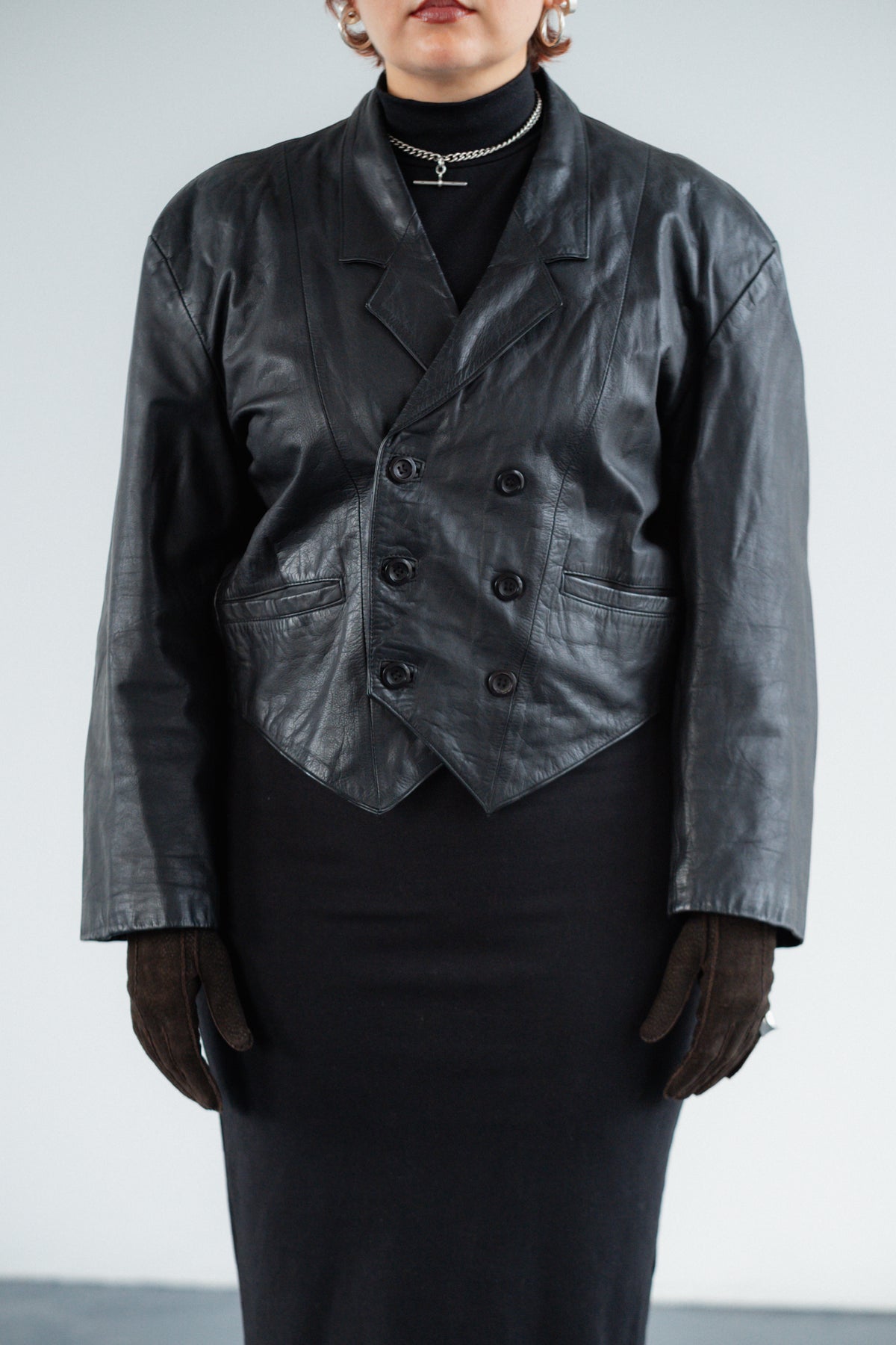 Black Genuine Leather Double-Breasted Jacket