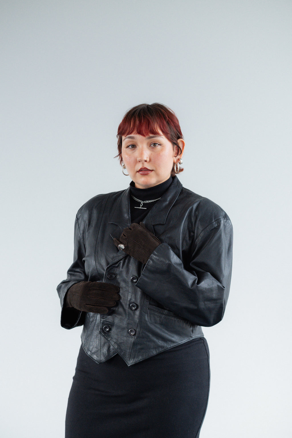 Black Genuine Leather Double-Breasted Jacket