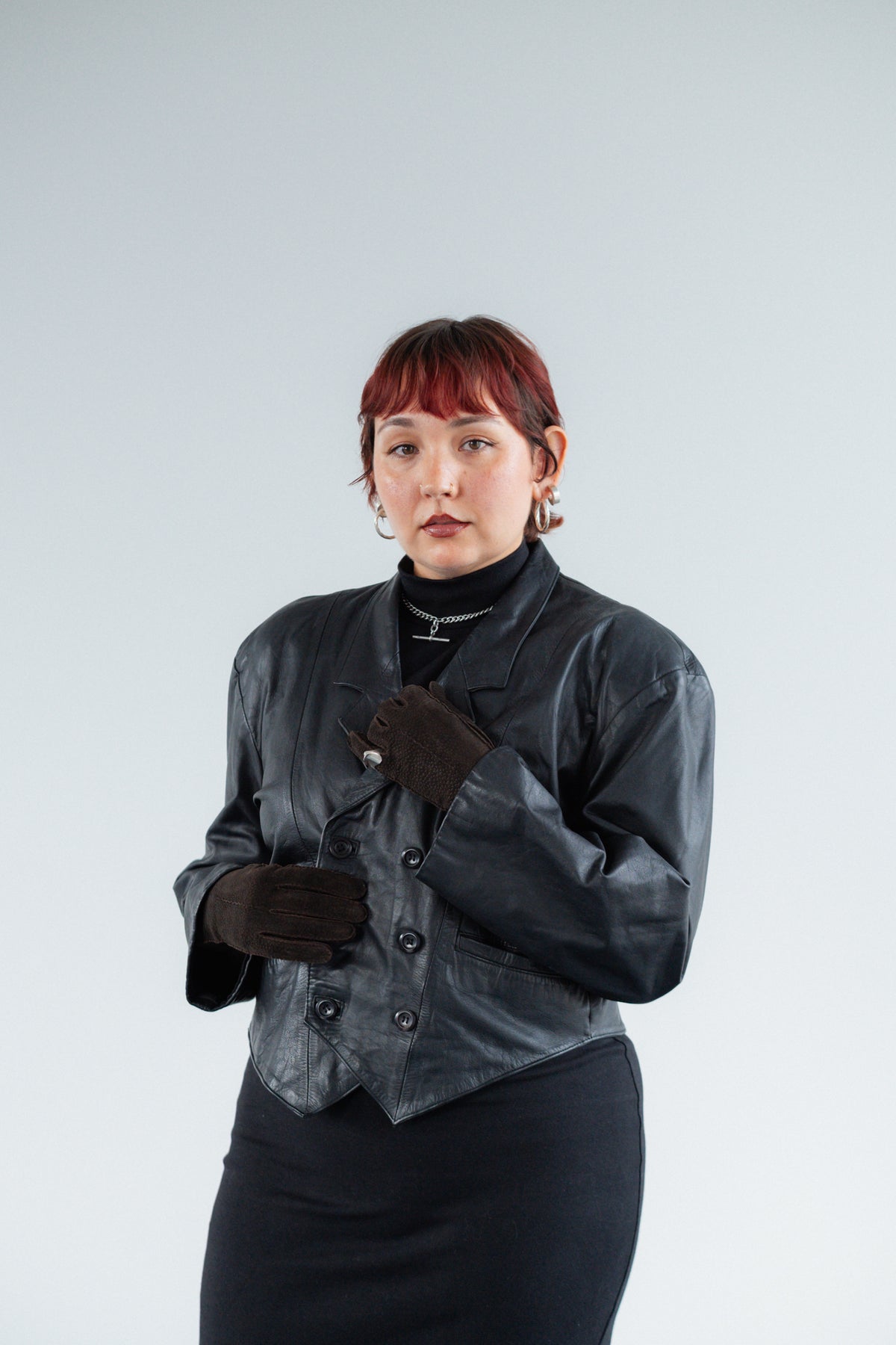 Black Genuine Leather Double-Breasted Jacket