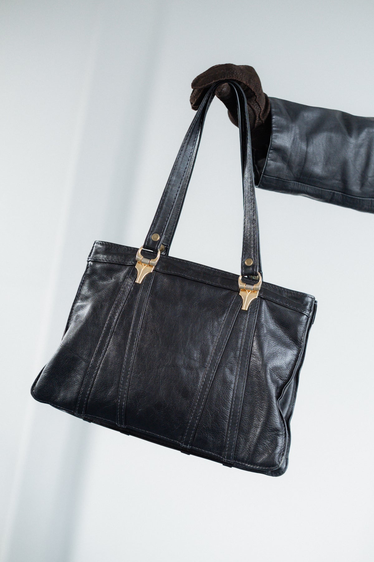 Black Genuine Leather Tote Bag with Gold-Tone Hardware