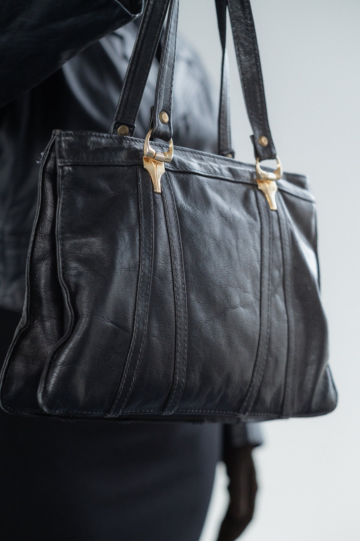 Black Genuine Leather Tote Bag with Gold-Tone Hardware
