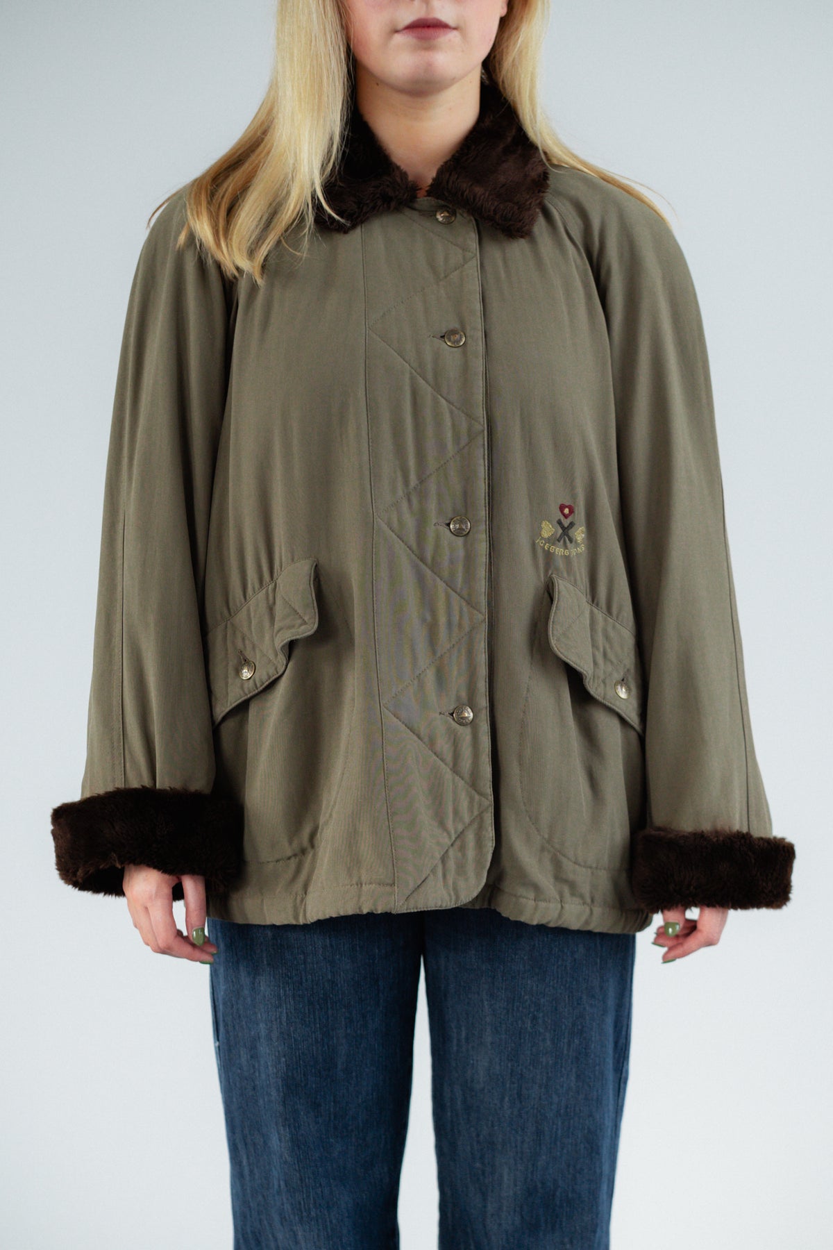 Khaki Green Quilted Jacket with Faux Fur Trim by Iceberg
