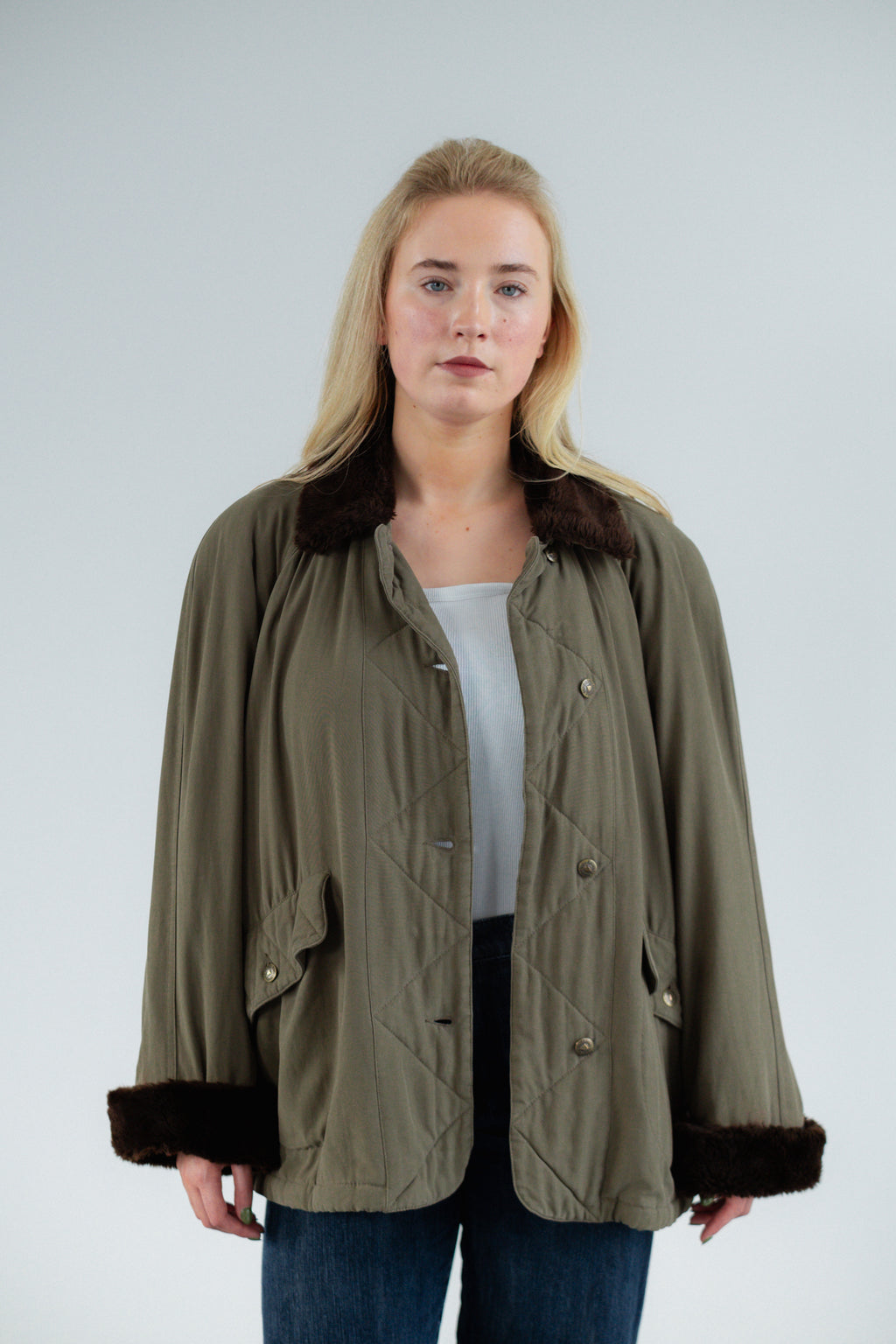 Khaki Green Quilted Jacket with Faux Fur Trim by Iceberg