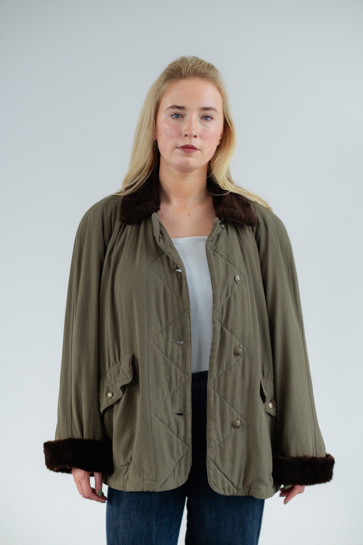 Khaki Green Quilted Jacket with Faux Fur Trim by Iceberg