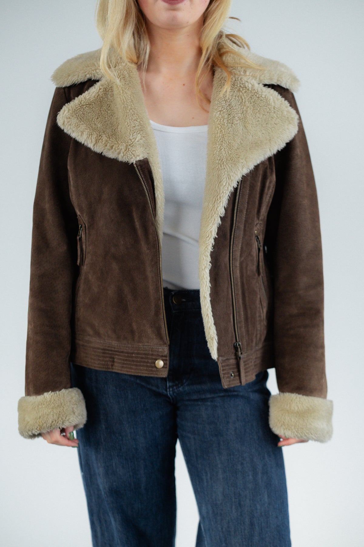 Brown Shearling-Style Suede Biker Jacket