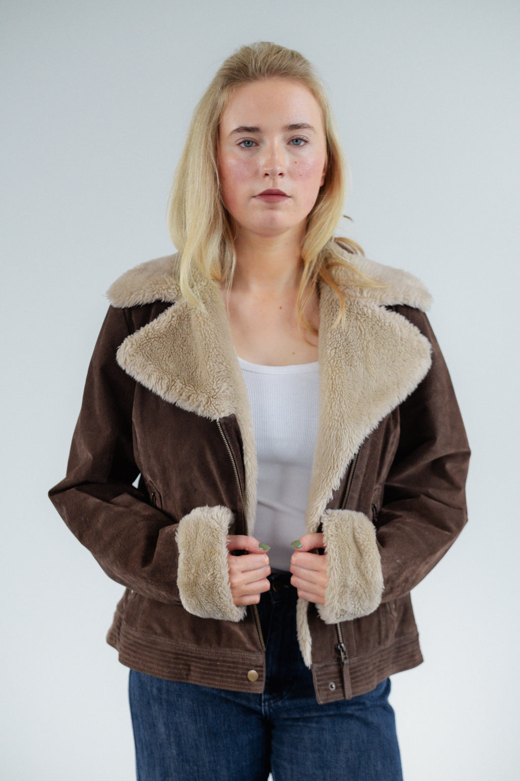 Brown Shearling-Style Suede Biker Jacket