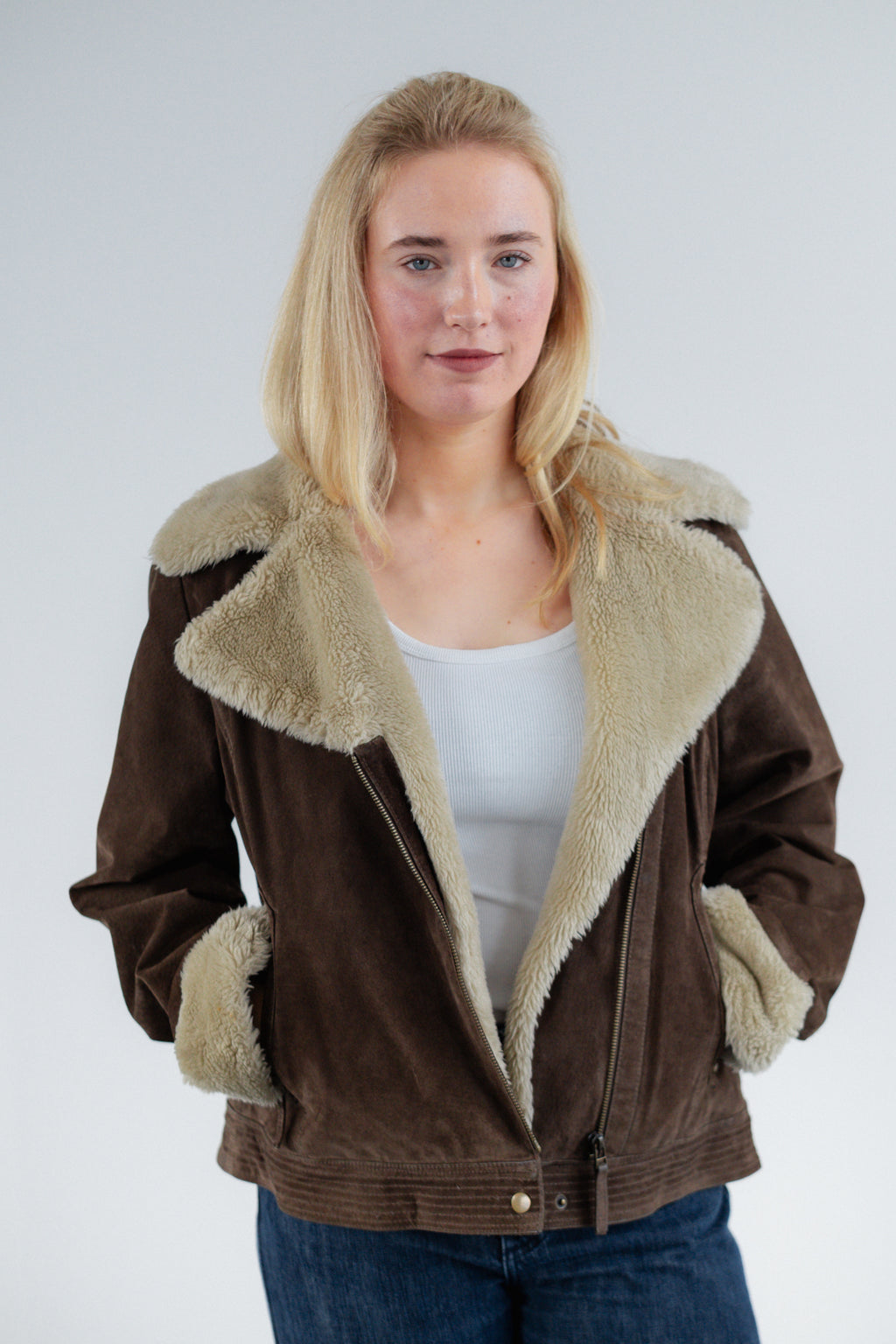 Brown Shearling-Style Suede Biker Jacket