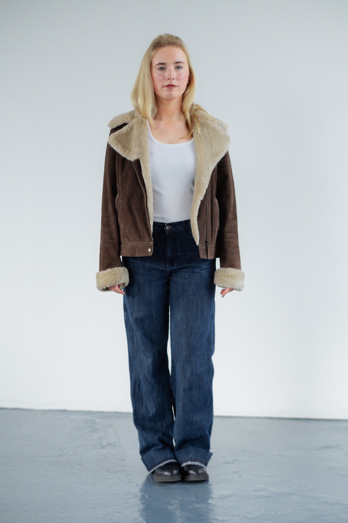 Brown Shearling-Style Suede Biker Jacket