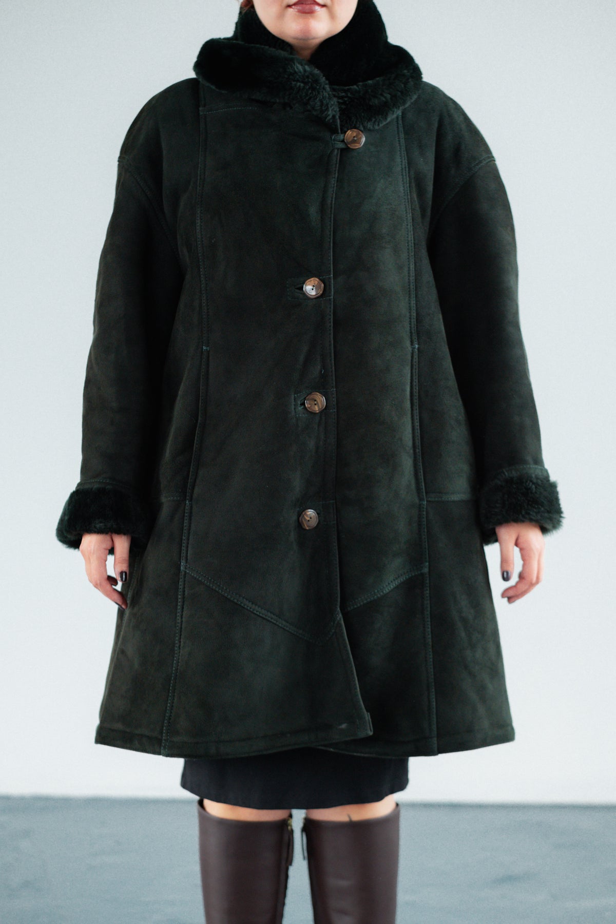 Dark Forest Green Suede Shearling Coat
