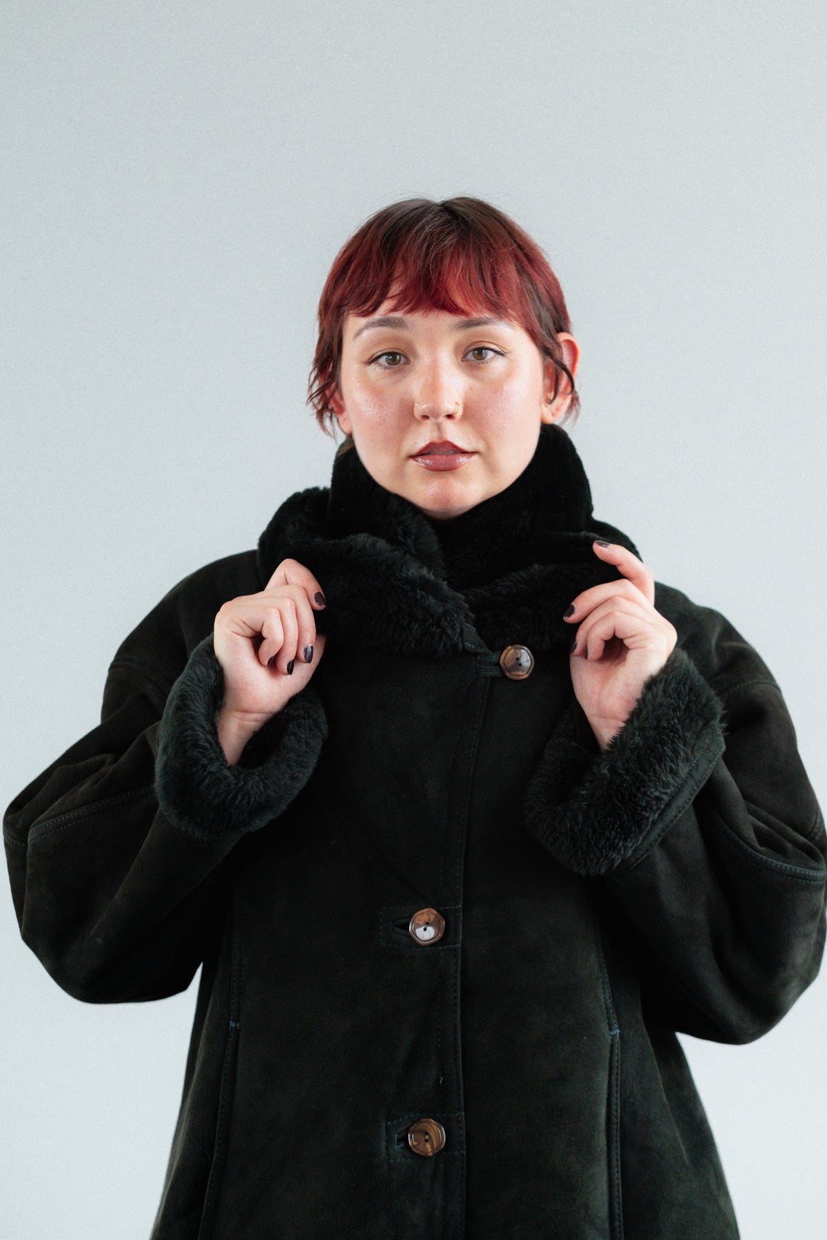 Dark Forest Green Suede Shearling Coat