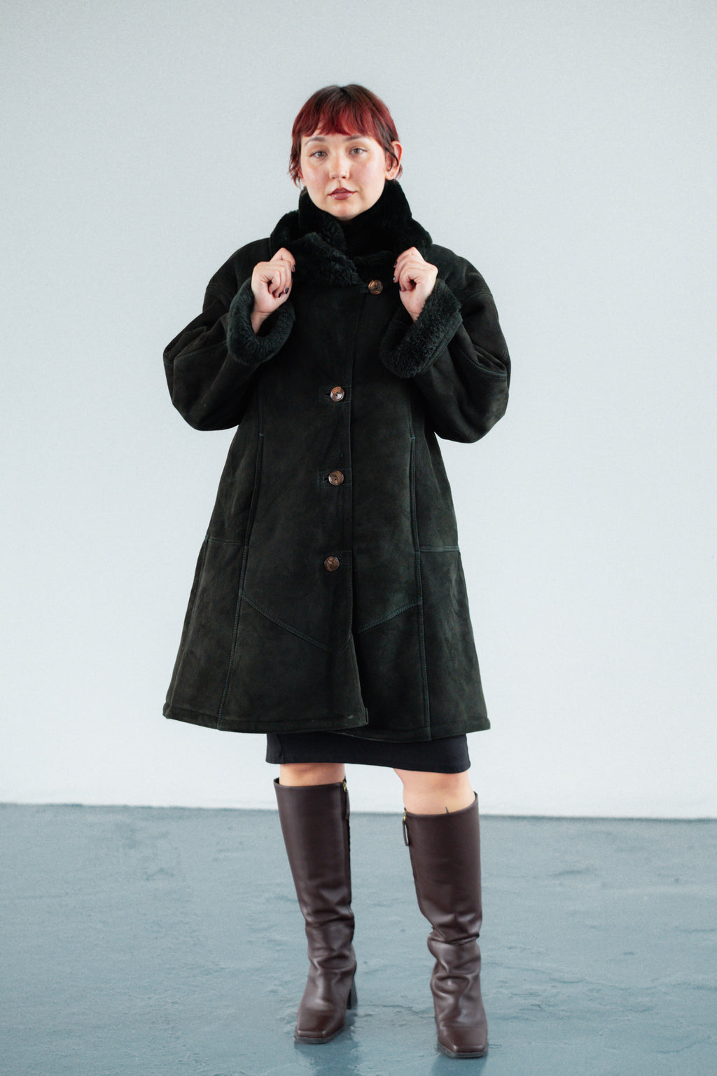 Dark Forest Green Suede Shearling Coat