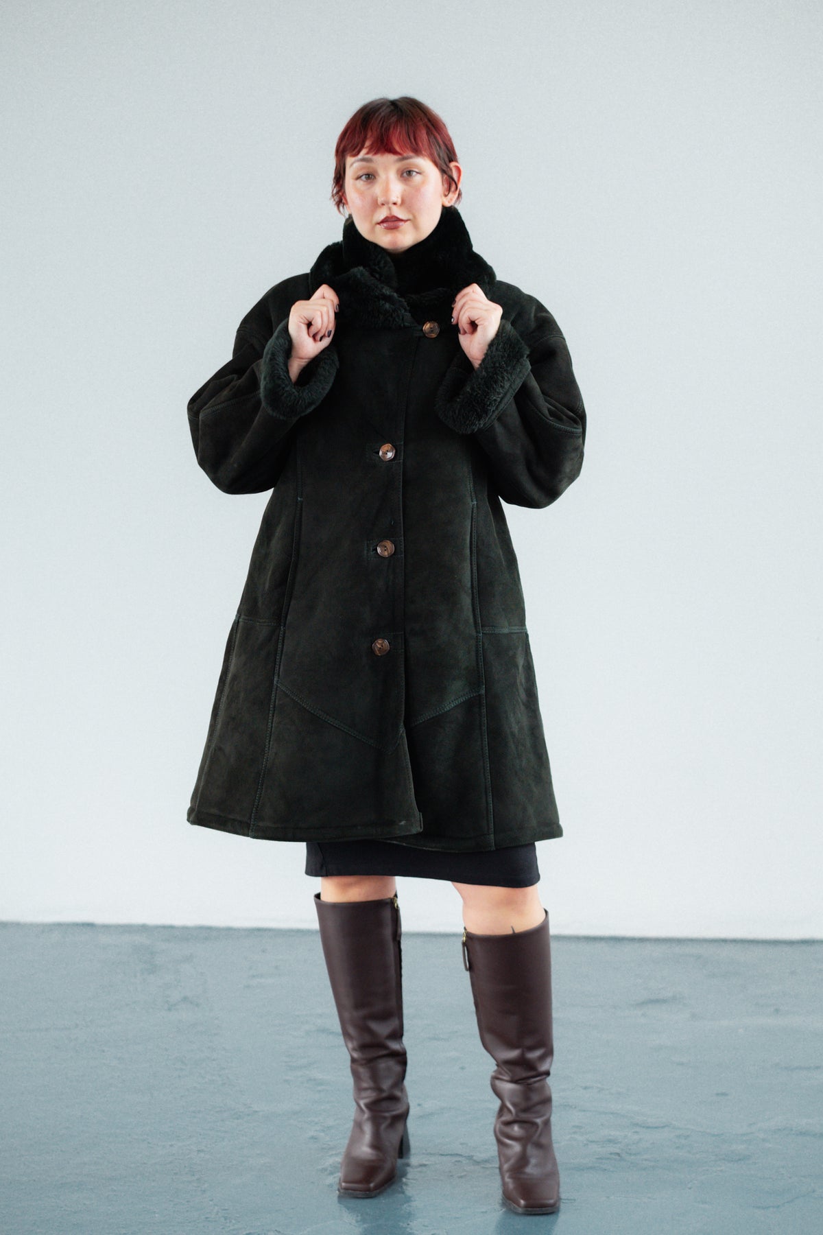 Dark Forest Green Suede Shearling Coat