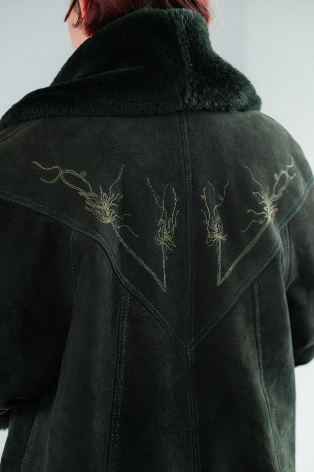 Dark Forest Green Suede Shearling Coat