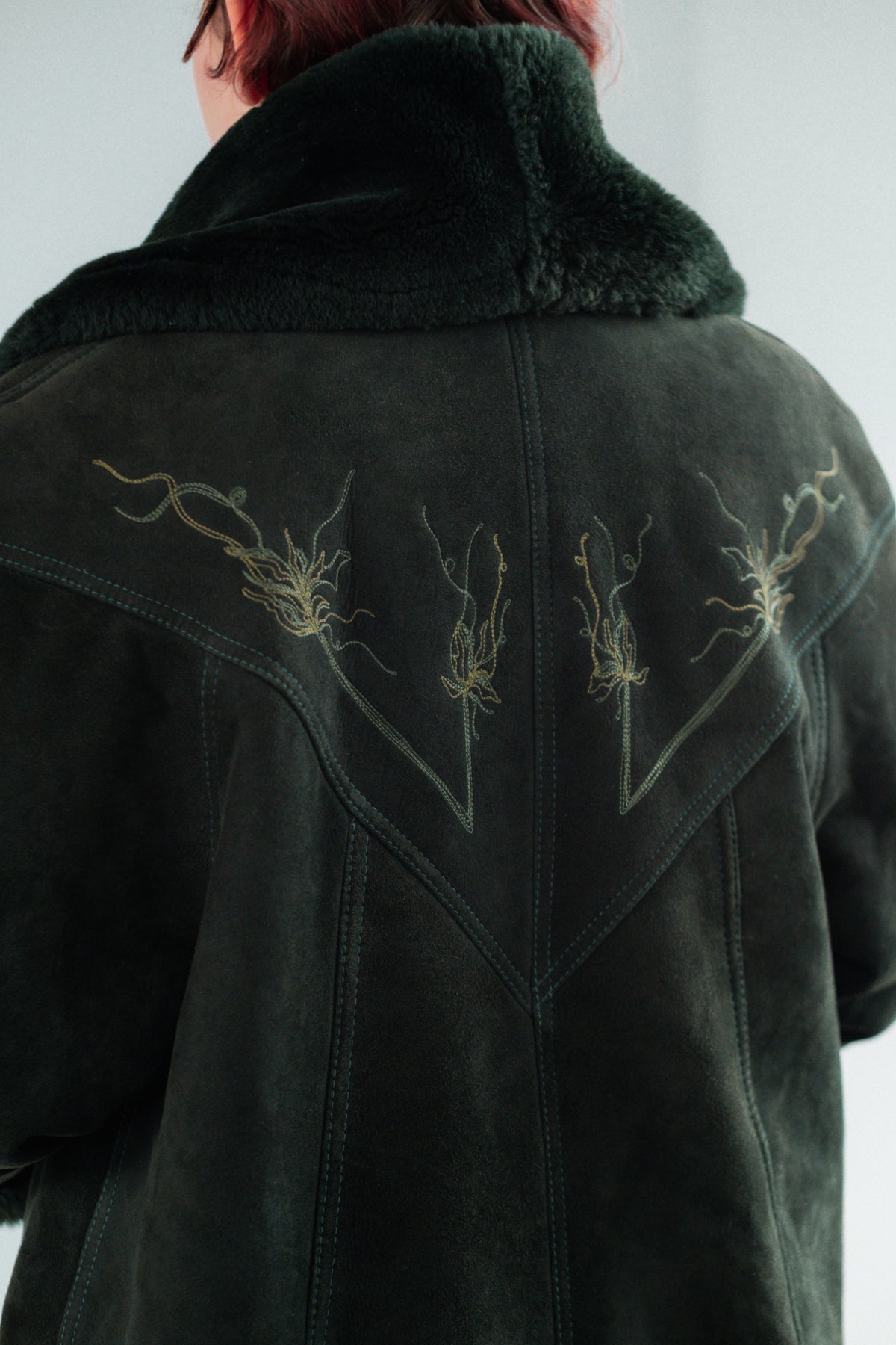Dark Forest Green Suede Shearling Coat