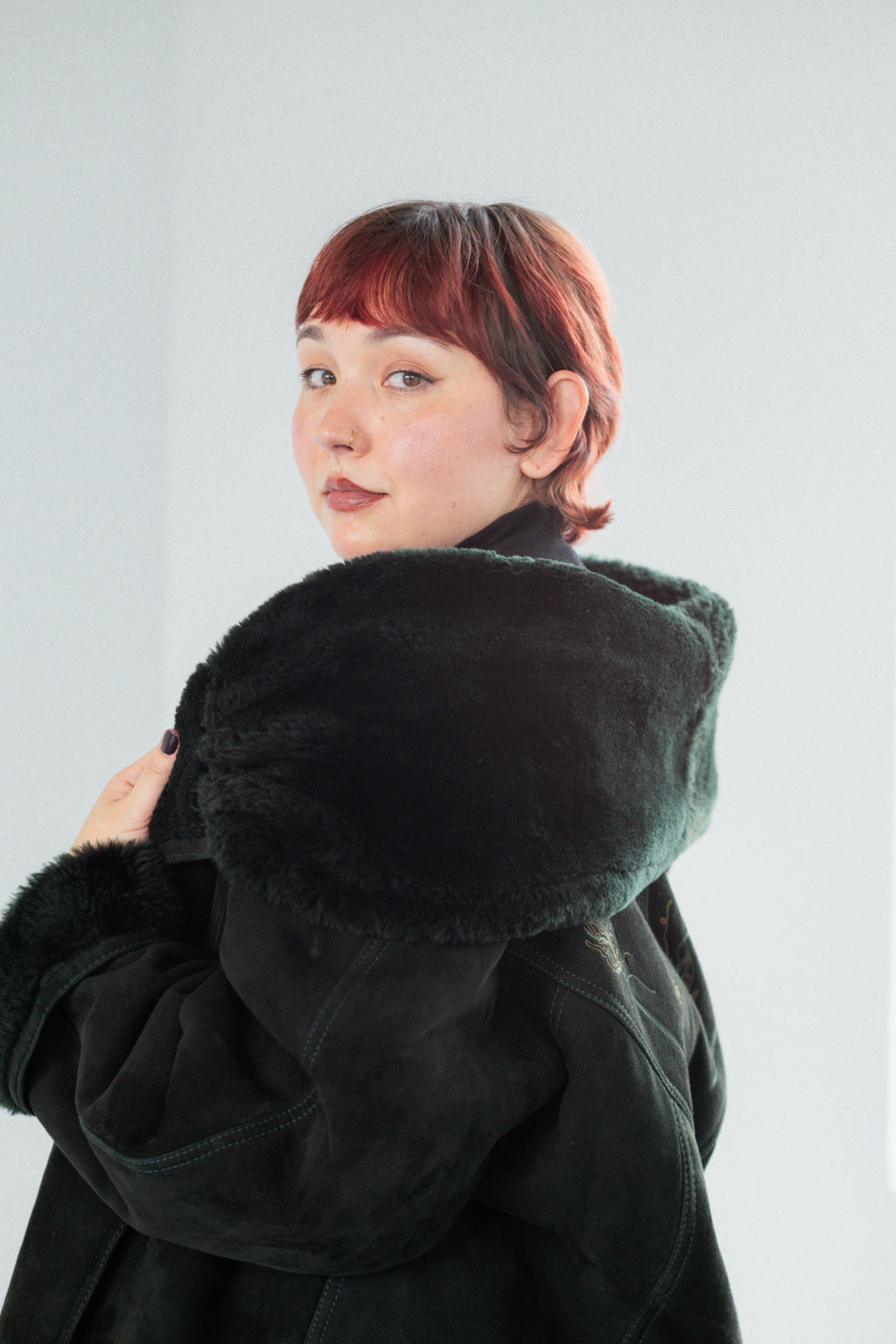 Dark Forest Green Suede Shearling Coat