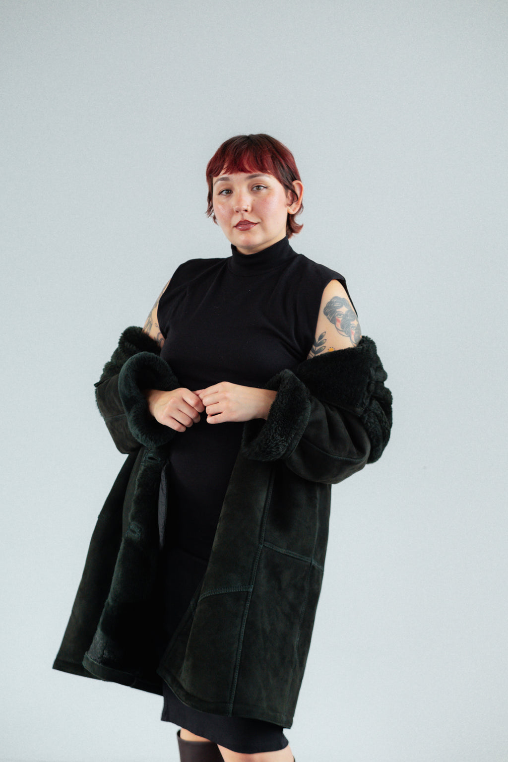 Dark Forest Green Suede Shearling Coat