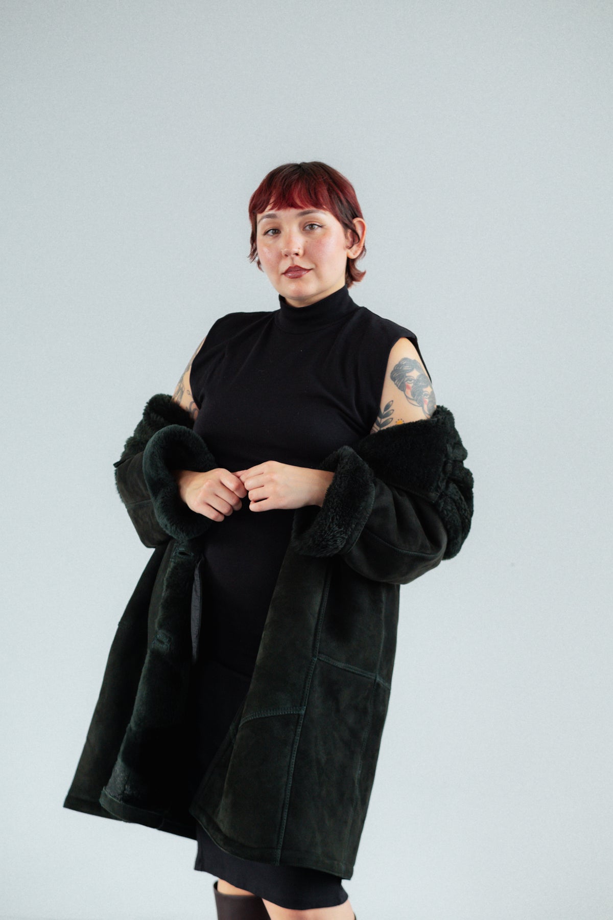 Dark Forest Green Suede Shearling Coat