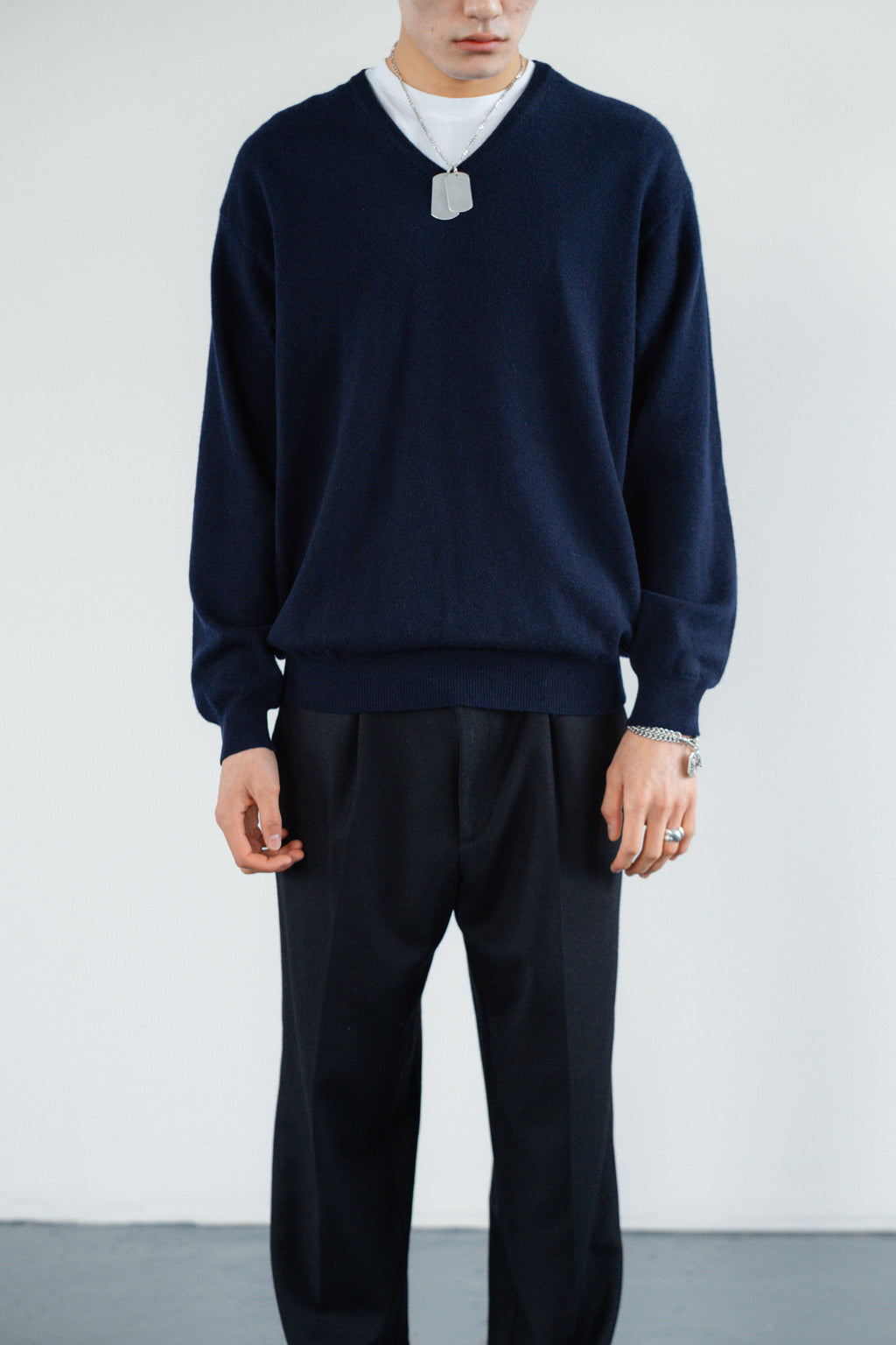 Benetton Navy Blue V-Neck Pure Wool Jumper