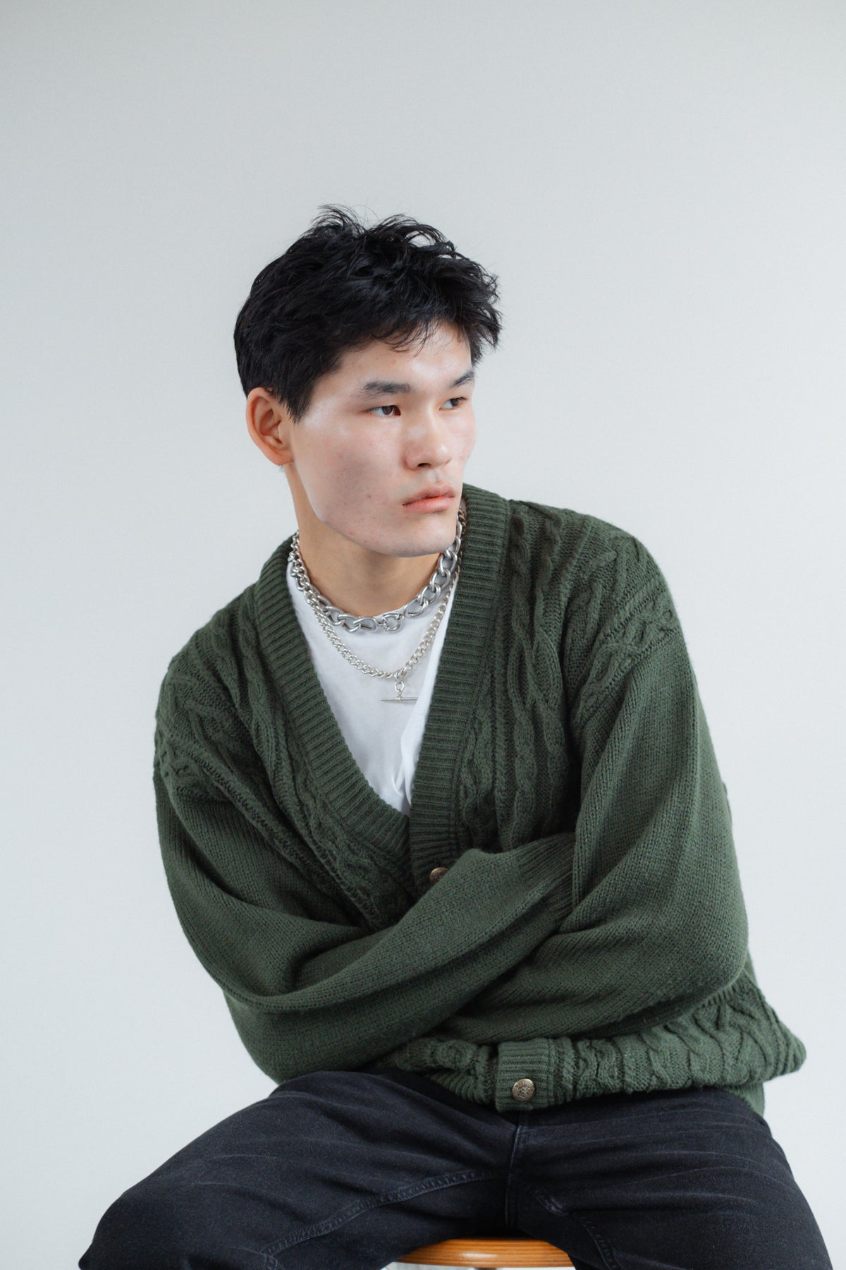 Forest Green Cable-Knit Button-Front Cardigan
