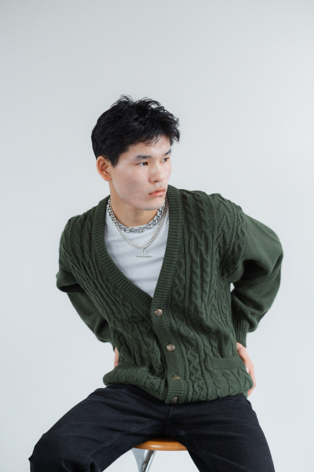 Forest Green Cable-Knit Button-Front Cardigan