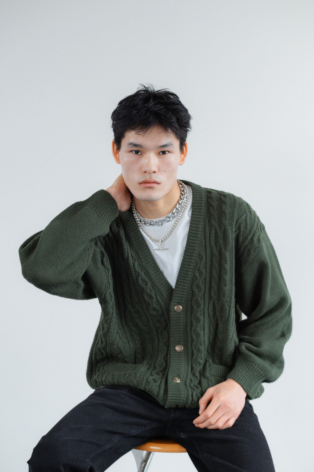 Forest Green Cable-Knit Button-Front Cardigan