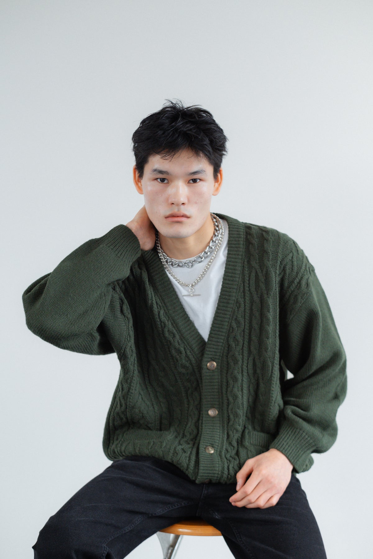 Forest Green Cable-Knit Button-Front Cardigan