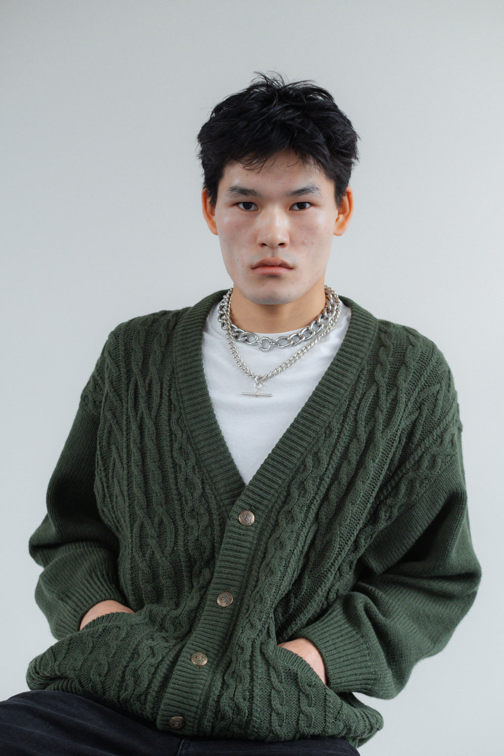 Forest Green Cable-Knit Button-Front Cardigan