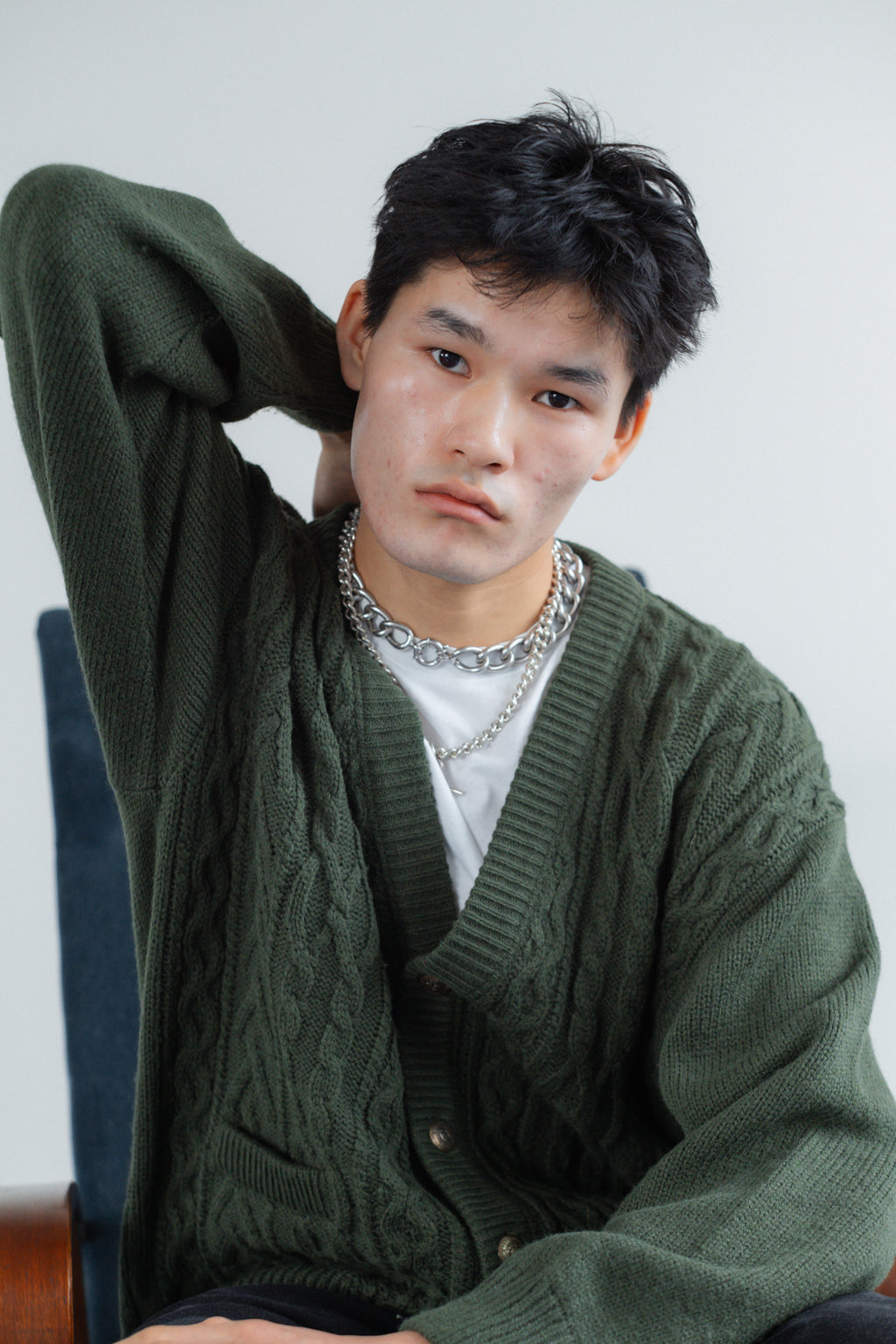 Forest Green Cable-Knit Button-Front Cardigan