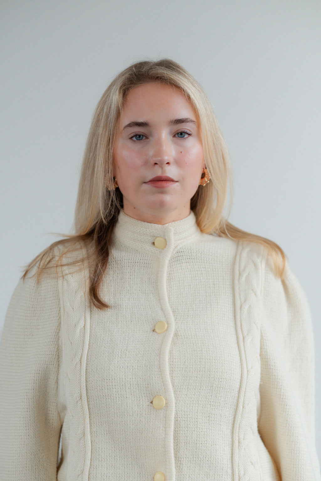 Cream Wool-Blend Cable-Knit Cardigan