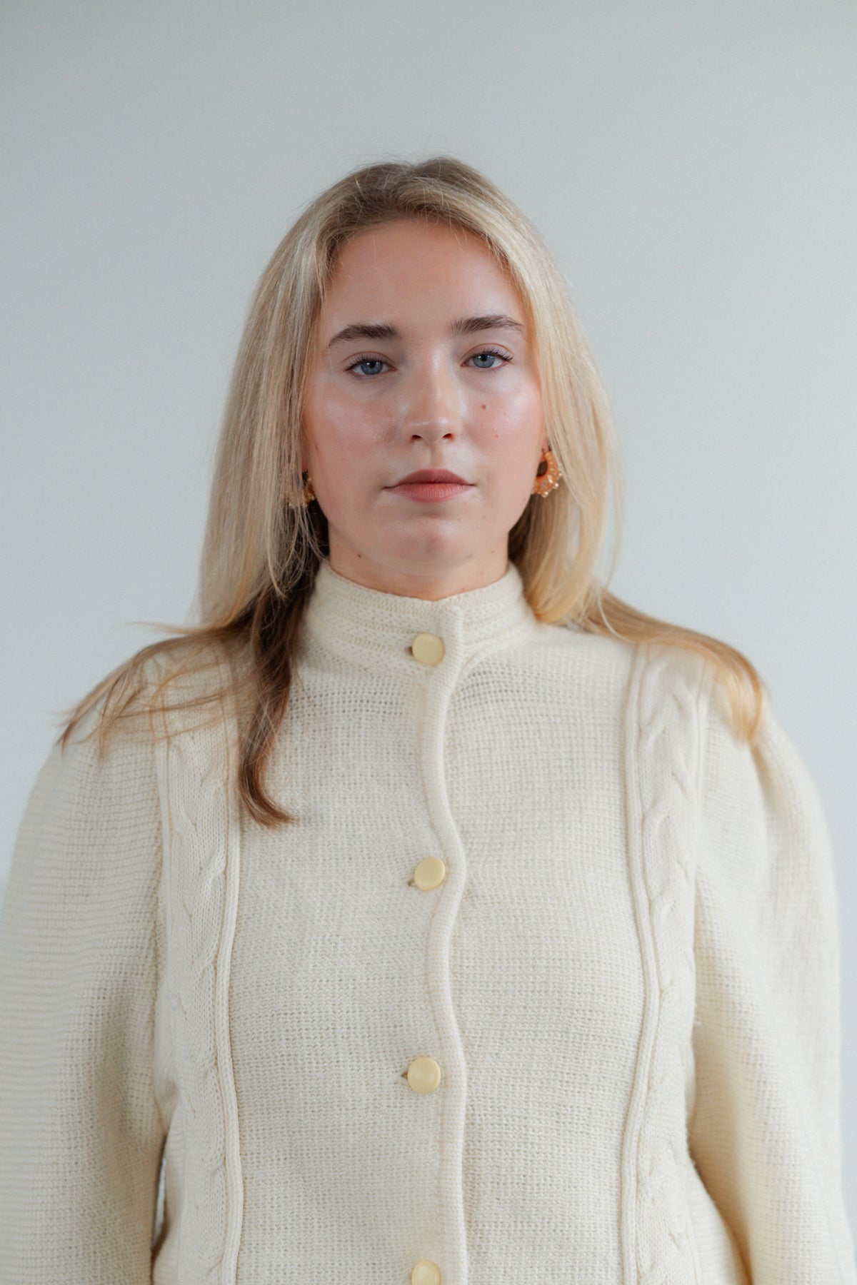 Cream Wool-Blend Cable-Knit Cardigan