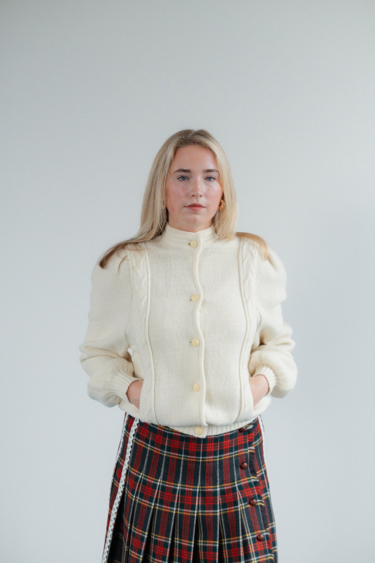 Cream Wool-Blend Cable-Knit Cardigan