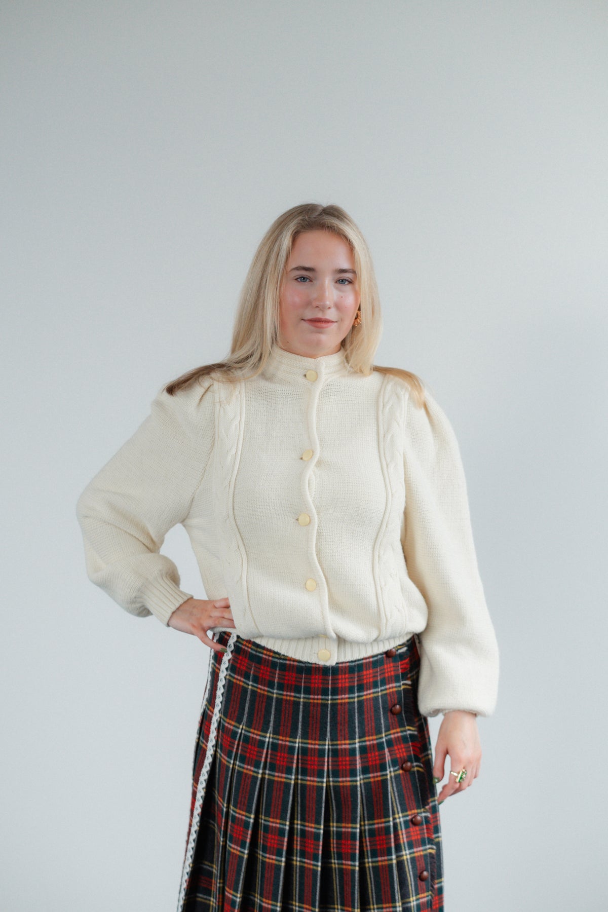 Cream Wool-Blend Cable-Knit Cardigan