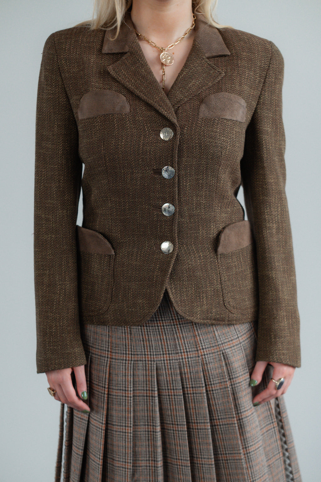 Brown Wool-Blend Blazer with Suede Detailing by Renato Balestra