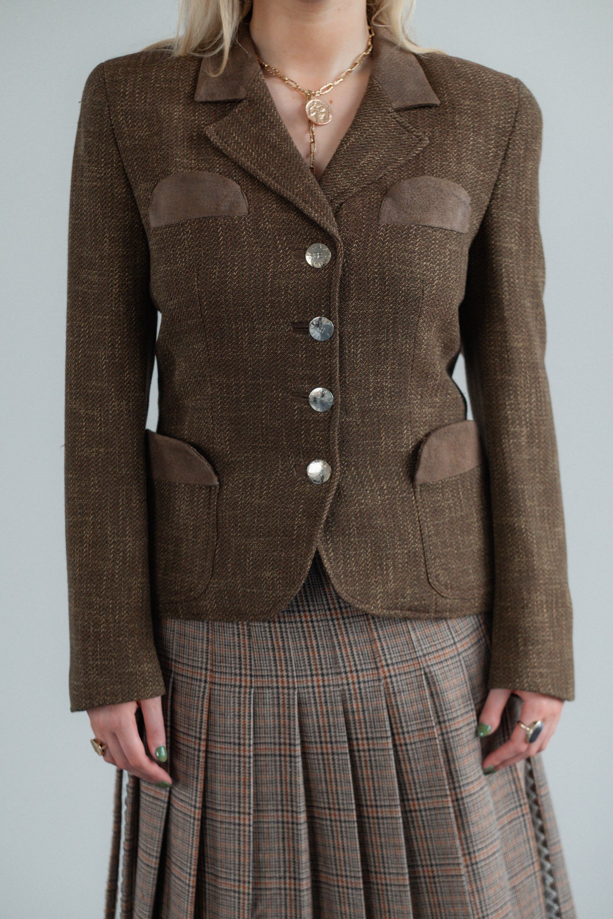 Brown Wool-Blend Blazer with Suede Detailing by Renato Balestra
