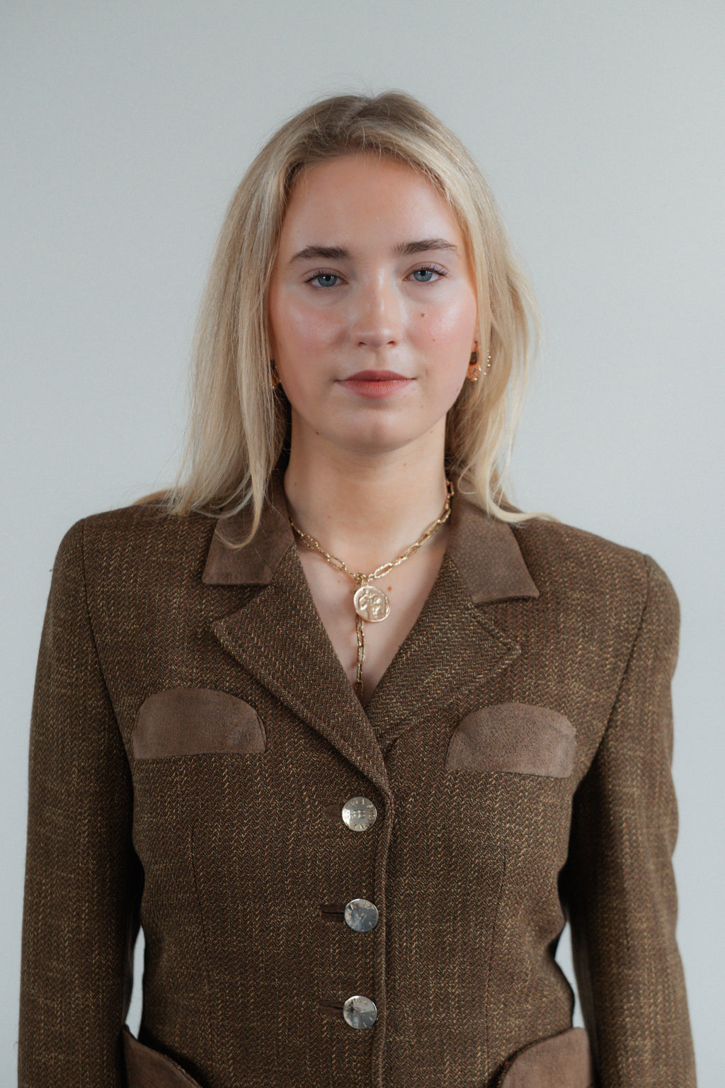 Brown Wool-Blend Blazer with Suede Detailing by Renato Balestra
