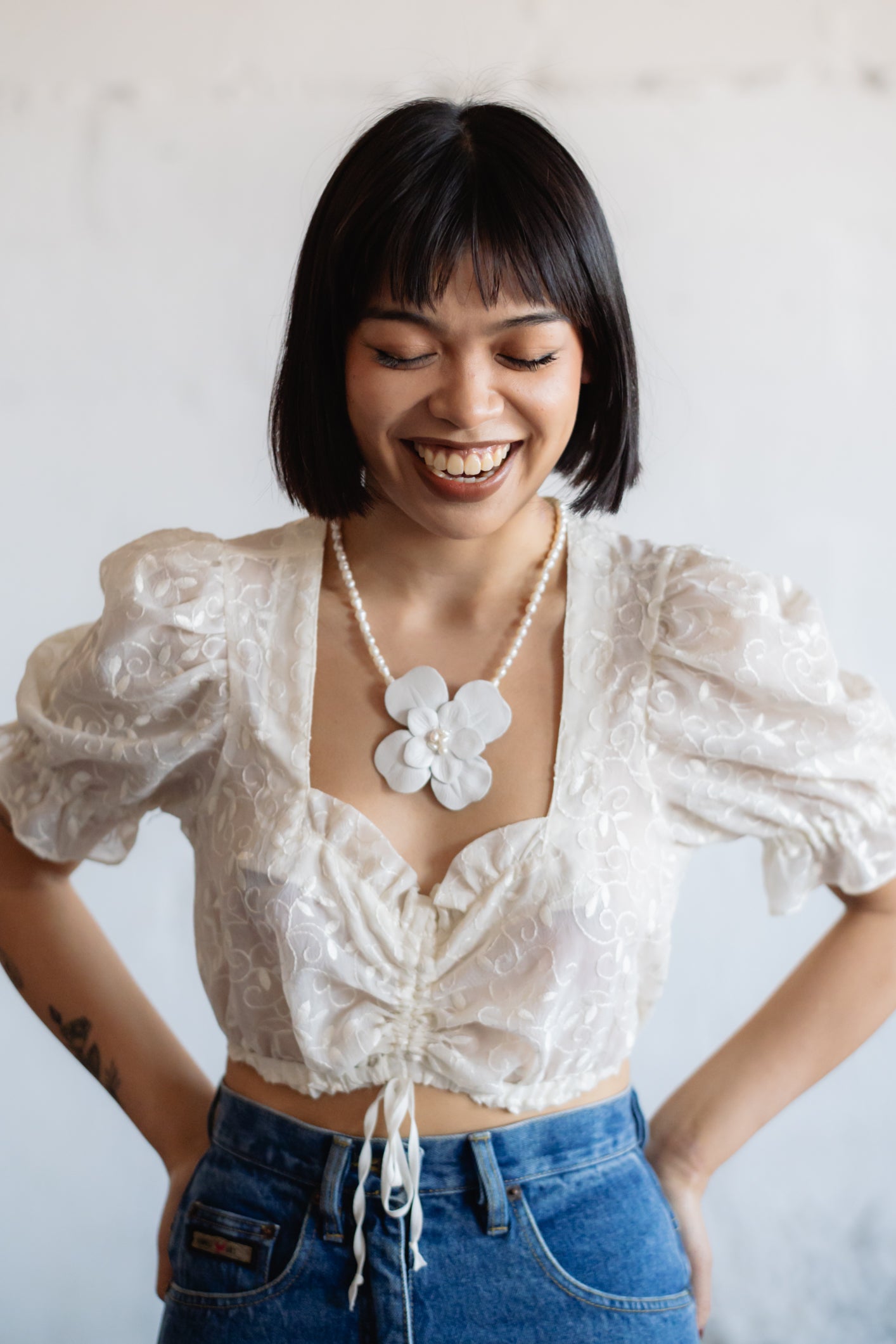 Vintage Lace Cropped Tie Top in Cream
