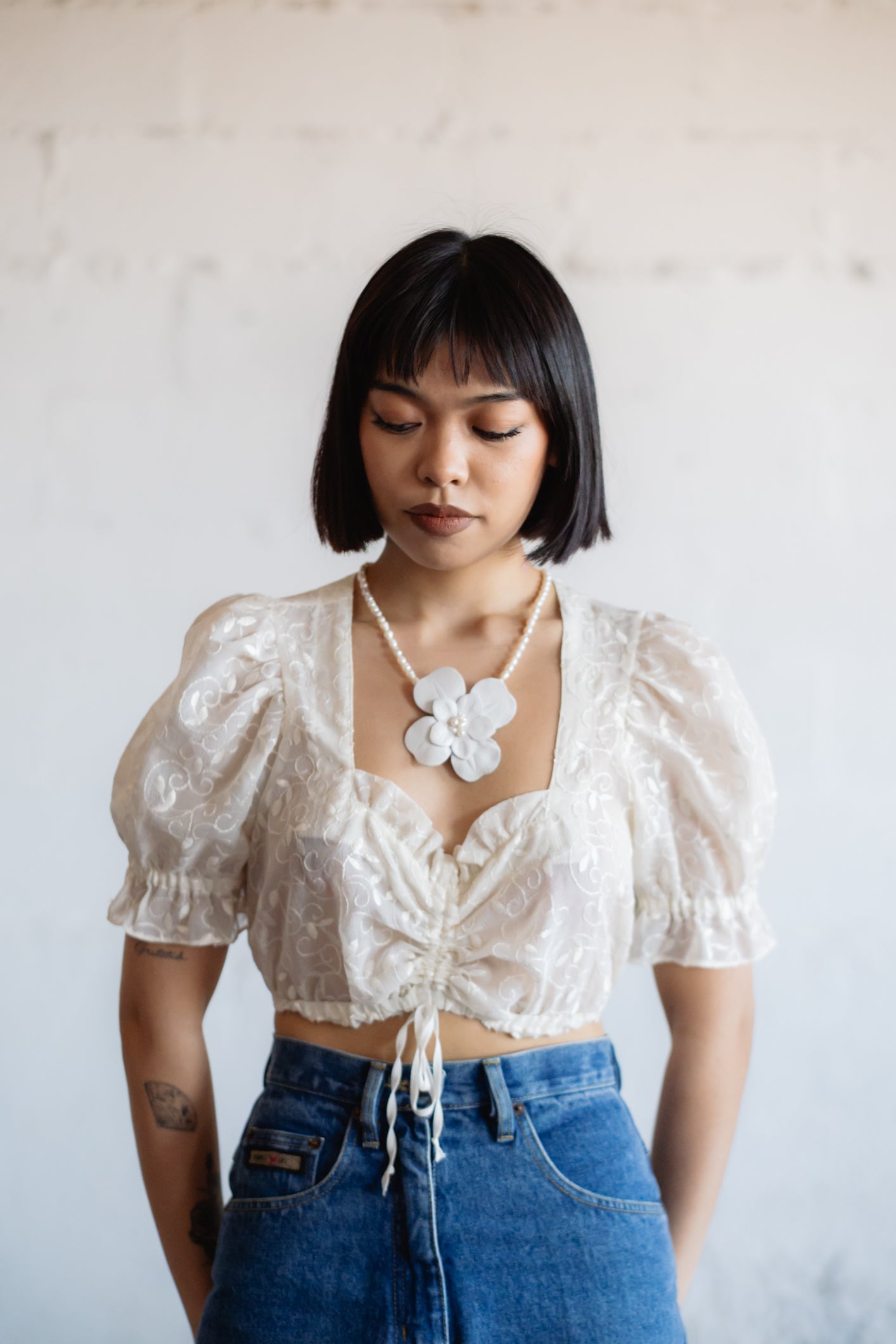 Vintage Lace Cropped Tie Top in Cream